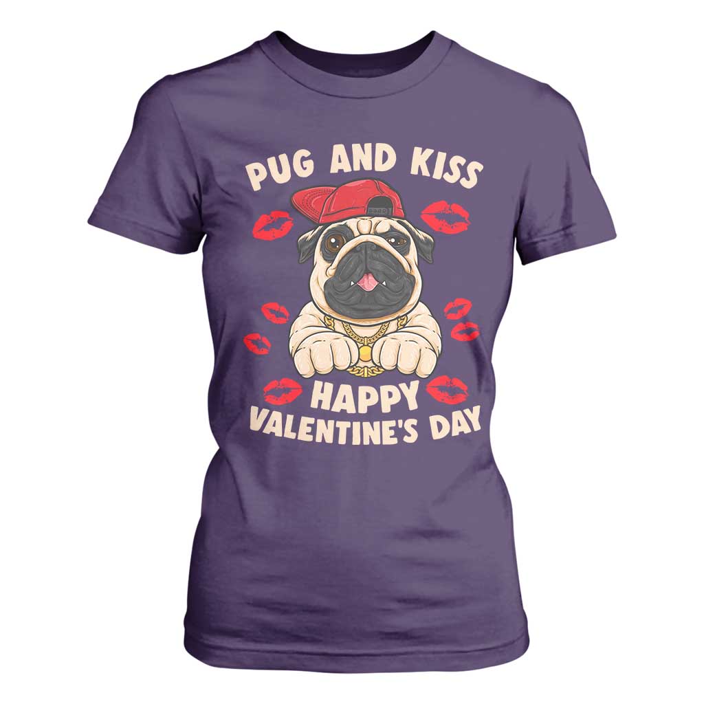 Pug And Kiss Happy Valentine's Day Funny Pet Lover T Shirt For Women TS09 Purple Print Your Wear