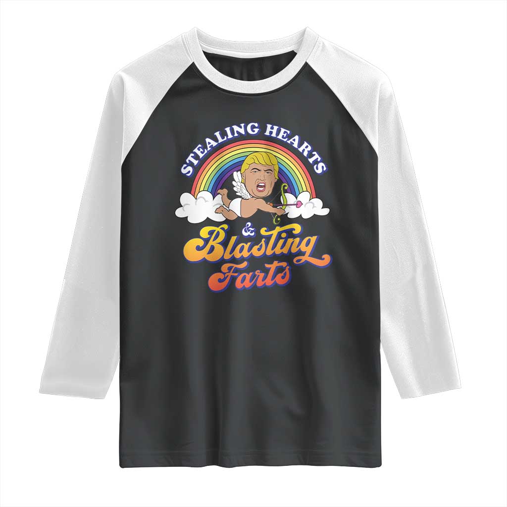 Funny Valentine's Day Cupid Trump Raglan Shirt Stealing Hearts And Blasting Fart TS09 Black White Print Your Wear