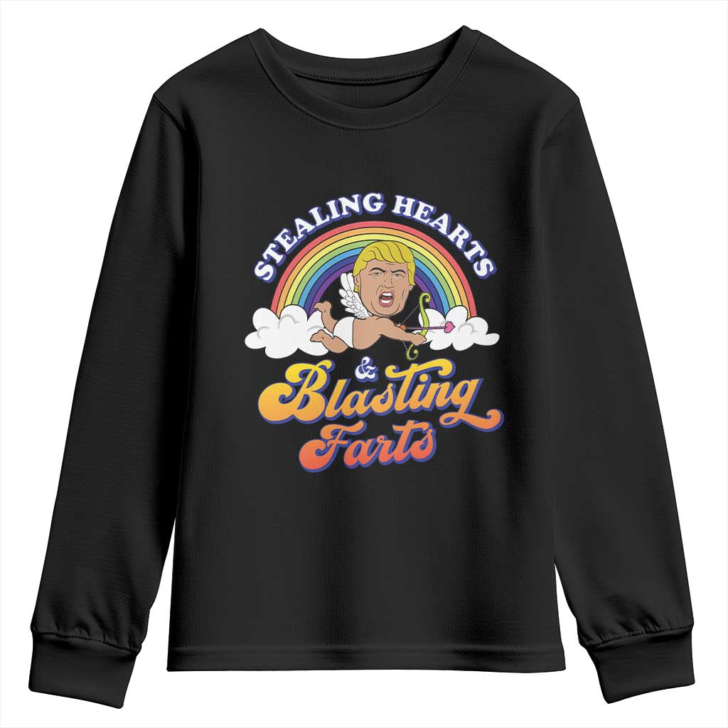 Funny Valentine's Day Cupid Trump Youth Sweatshirt Stealing Hearts And Blasting Fart TS09 Black Print Your Wear