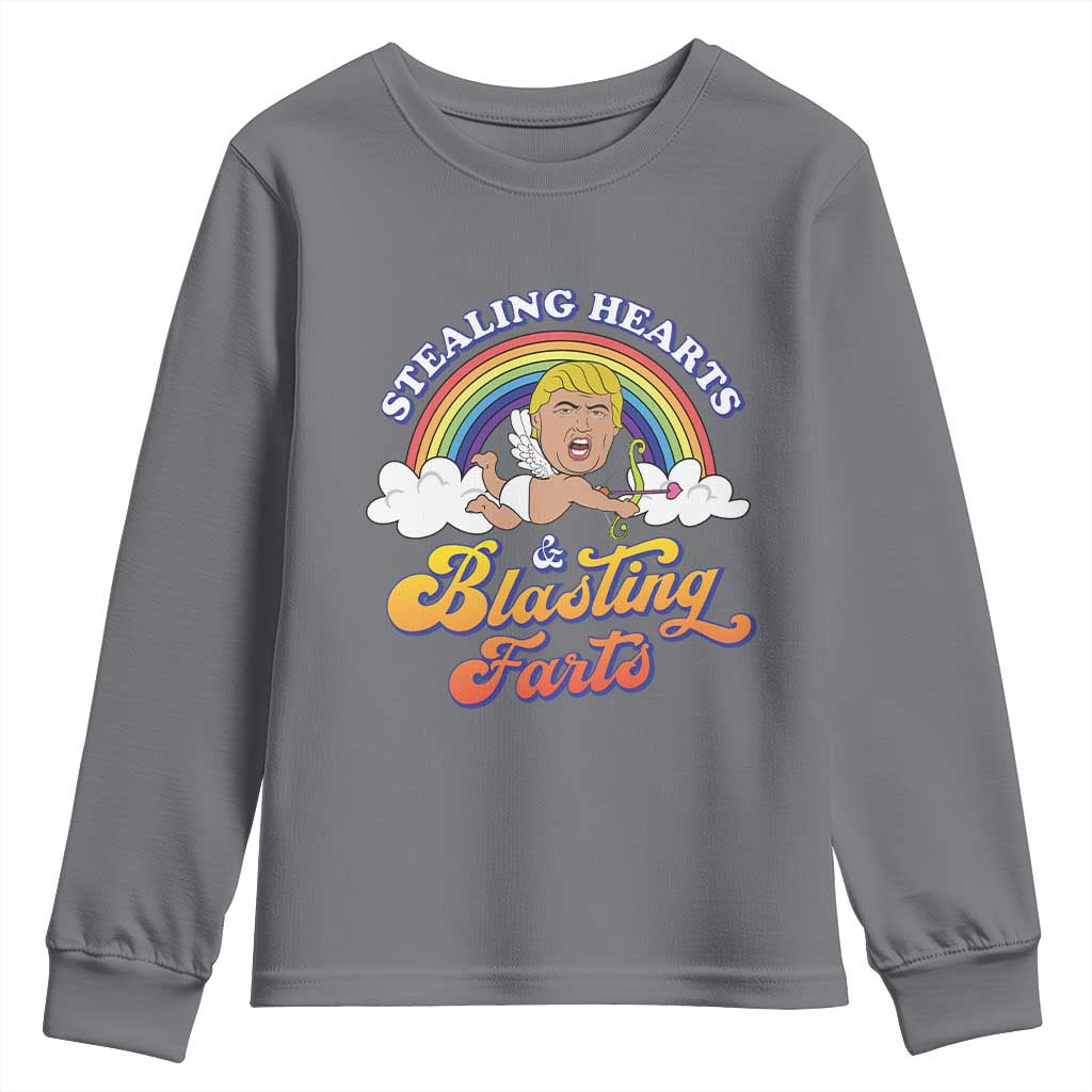 Funny Valentine's Day Cupid Trump Youth Sweatshirt Stealing Hearts And Blasting Fart TS09 Charcoal Print Your Wear