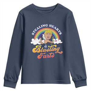 Funny Valentine's Day Cupid Trump Youth Sweatshirt Stealing Hearts And Blasting Fart TS09 Navy Print Your Wear