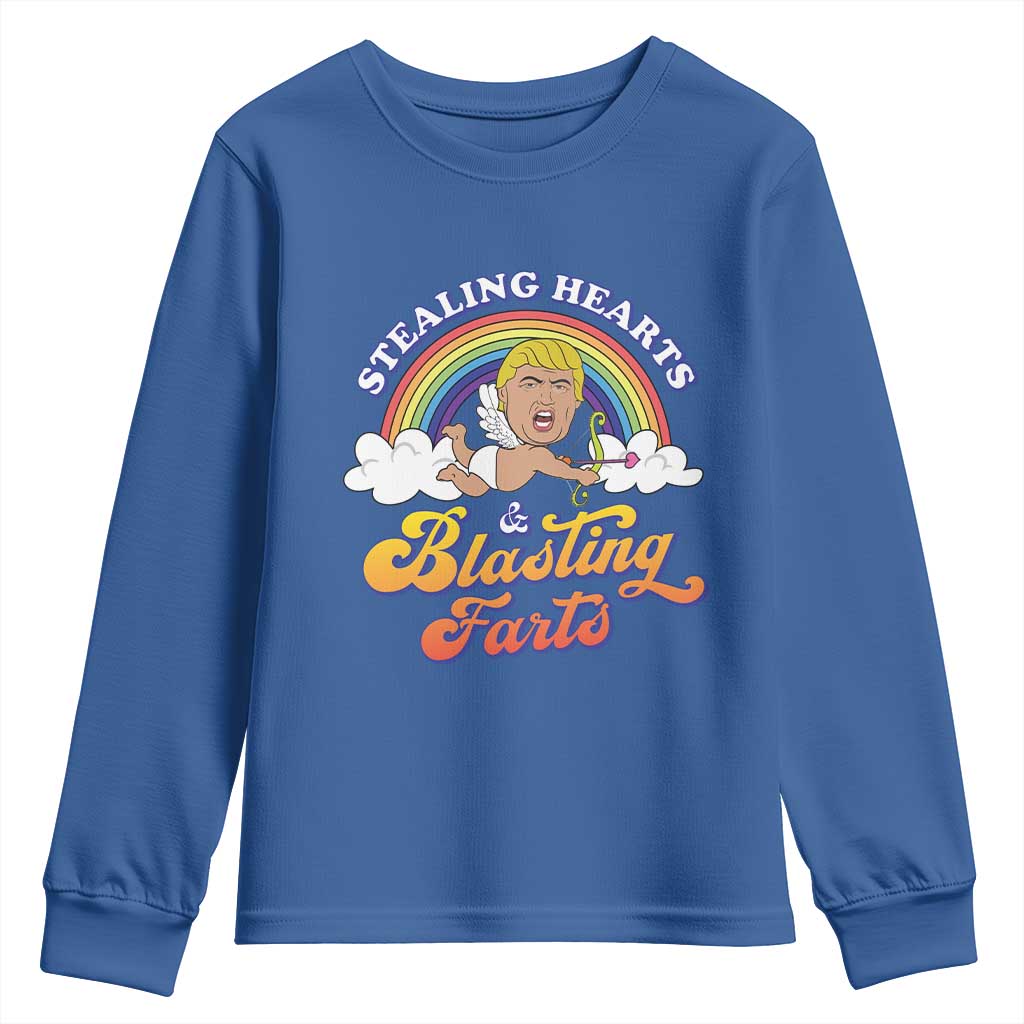 Funny Valentine's Day Cupid Trump Youth Sweatshirt Stealing Hearts And Blasting Fart TS09 Royal Blue Print Your Wear