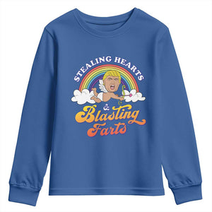 Funny Valentine's Day Cupid Trump Youth Sweatshirt Stealing Hearts And Blasting Fart TS09 Royal Blue Print Your Wear