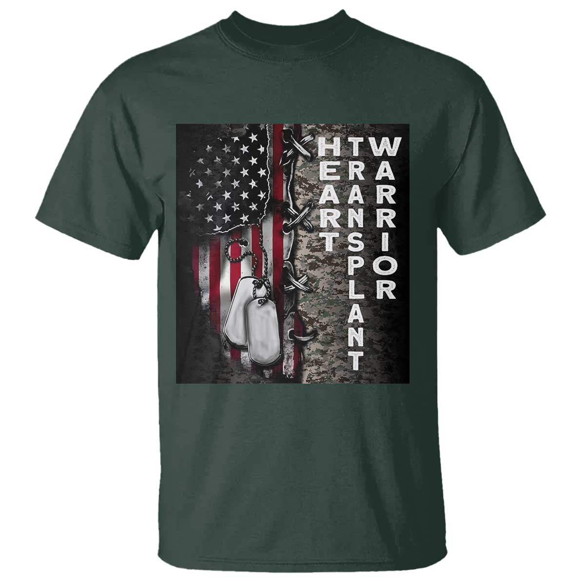 Heart Transplant Warrior T Shirt Surgery Survivor American Flag TS09 Dark Forest Green Print Your Wear