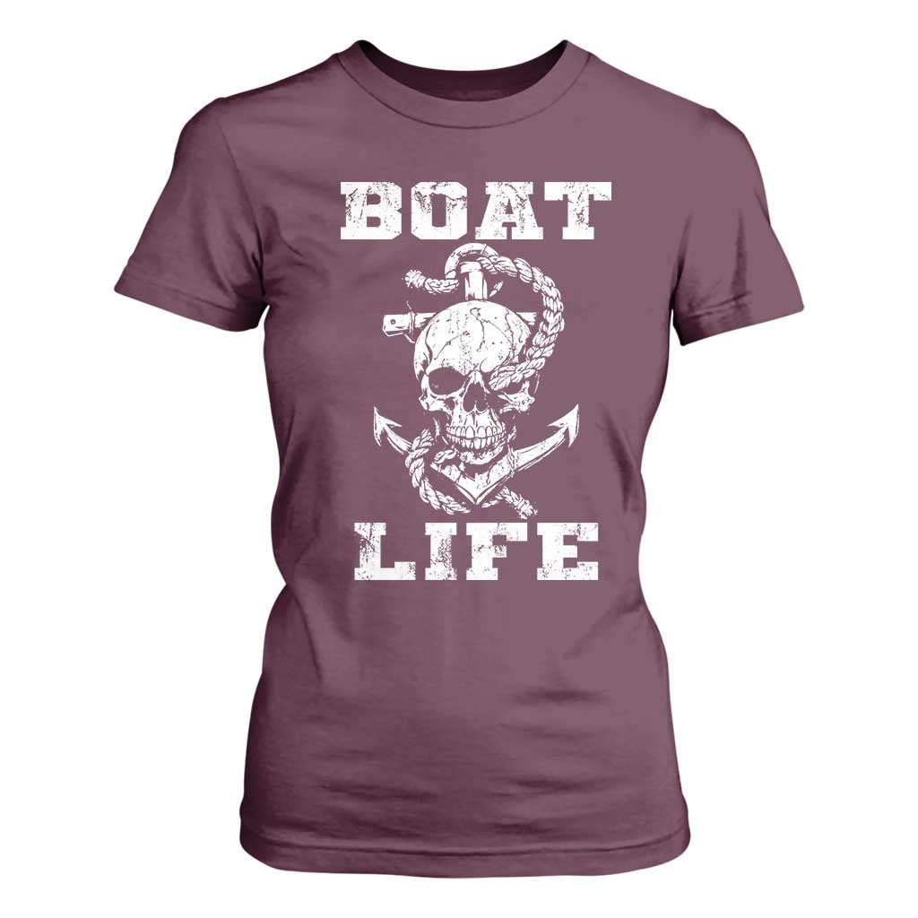 Boat Life T Shirt For Women Funny Skull Anchor TS09 Maroon Print Your Wear