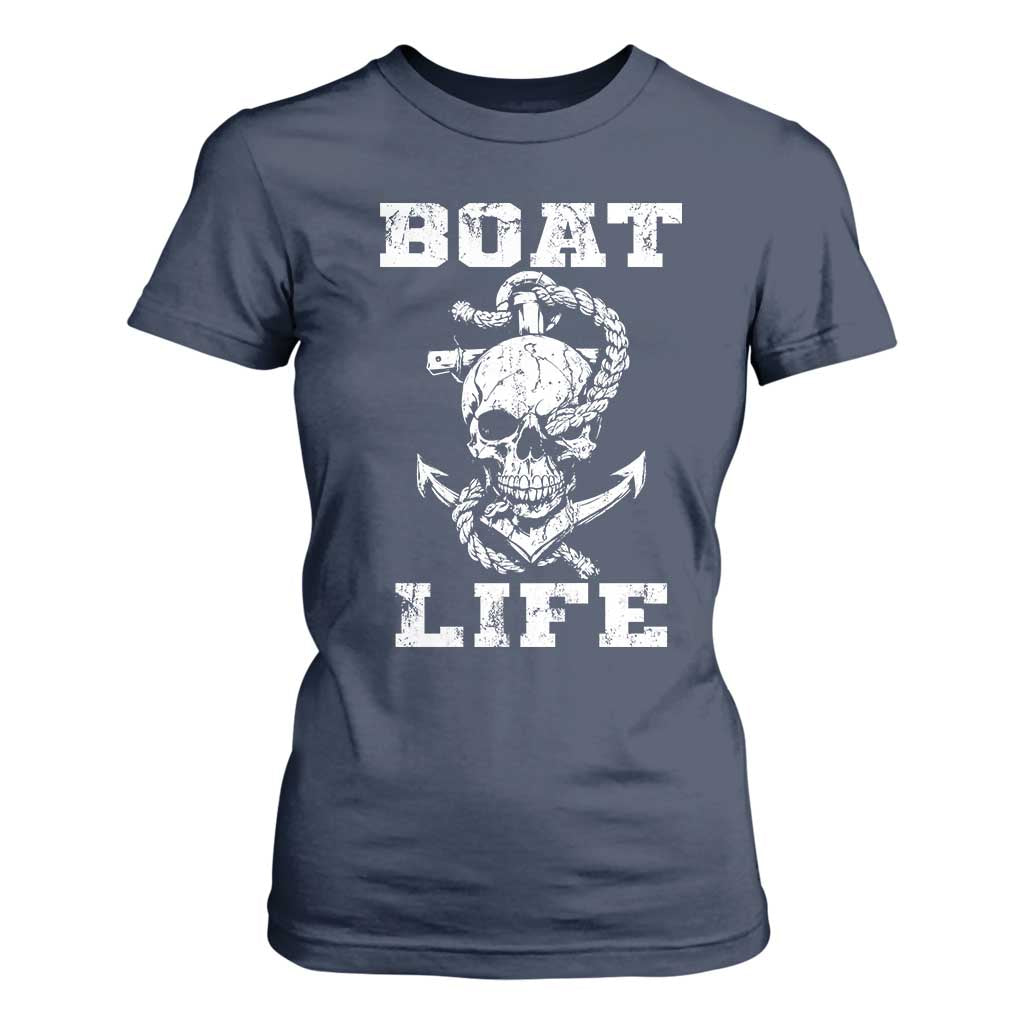 Boat Life T Shirt For Women Funny Skull Anchor TS09 Navy Print Your Wear