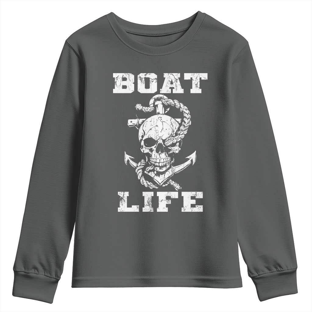 Boat Life Youth Sweatshirt Funny Skull Anchor TS09 Dark Heather Print Your Wear