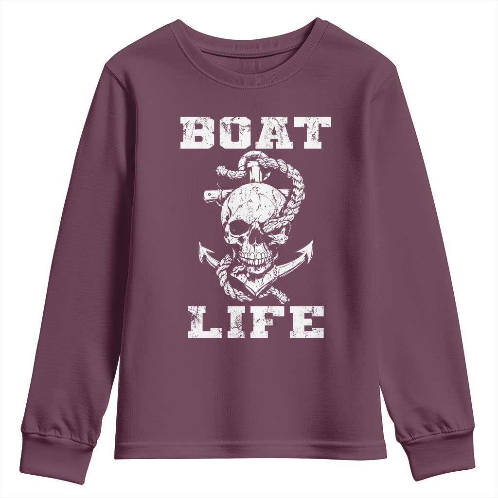 Boat Life Youth Sweatshirt Funny Skull Anchor TS09 Maroon Print Your Wear