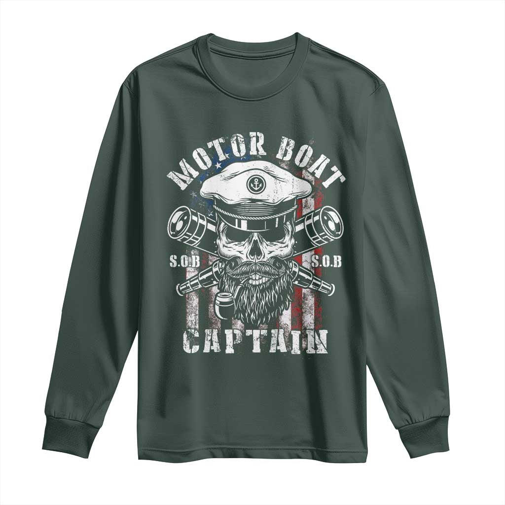 Motor Boat Captain Long Sleeve Shirt Patriotic American Flag TS09 Dark Forest Green Print Your Wear