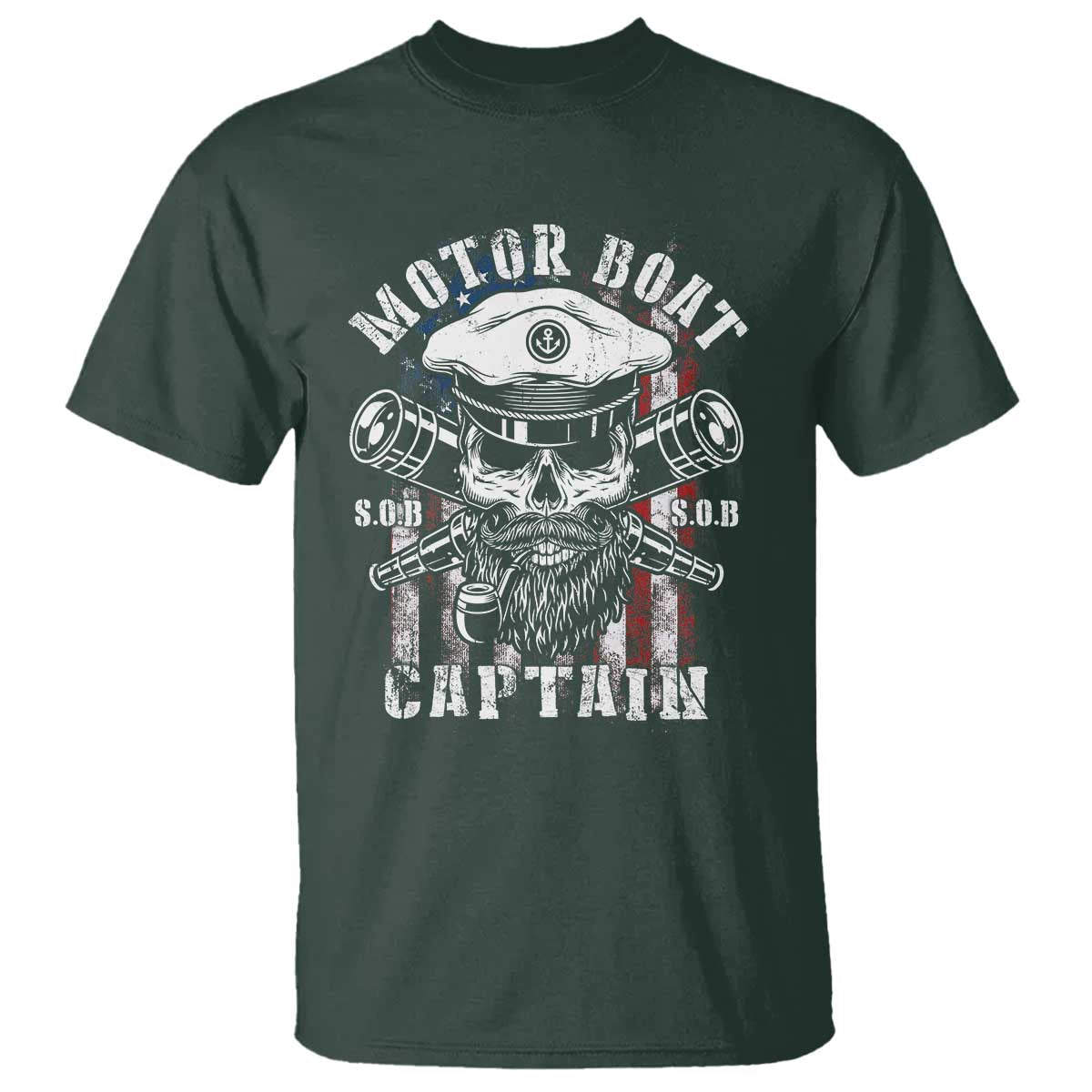 Motor Boat Captain T Shirt Patriotic American Flag TS09 Dark Forest Green Print Your Wear