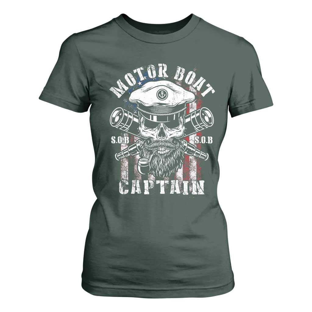 Motor Boat Captain T Shirt For Women Patriotic American Flag TS09 Dark Forest Green Print Your Wear
