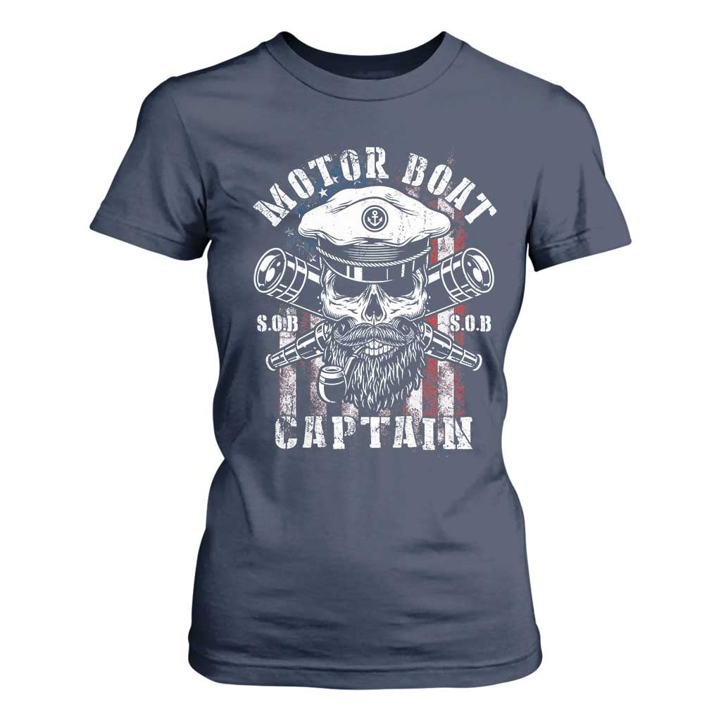 Motor Boat Captain T Shirt For Women Patriotic American Flag TS09 Navy Print Your Wear