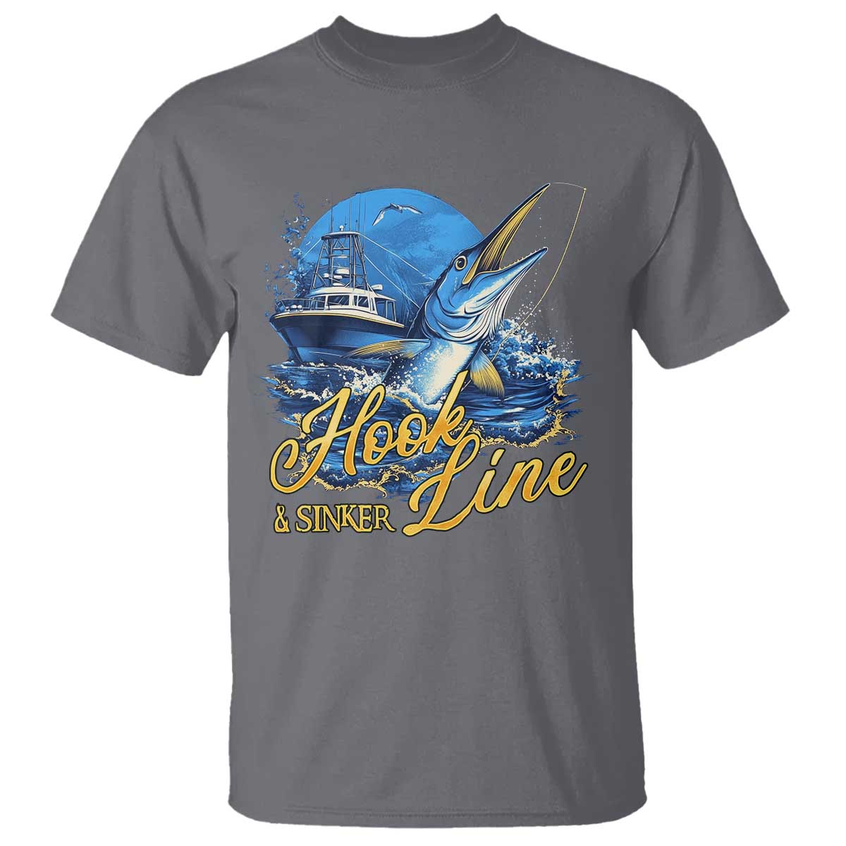 Fishing Boat T Shirt Hook Line and Sinker TS09 Charcoal Print Your Wear