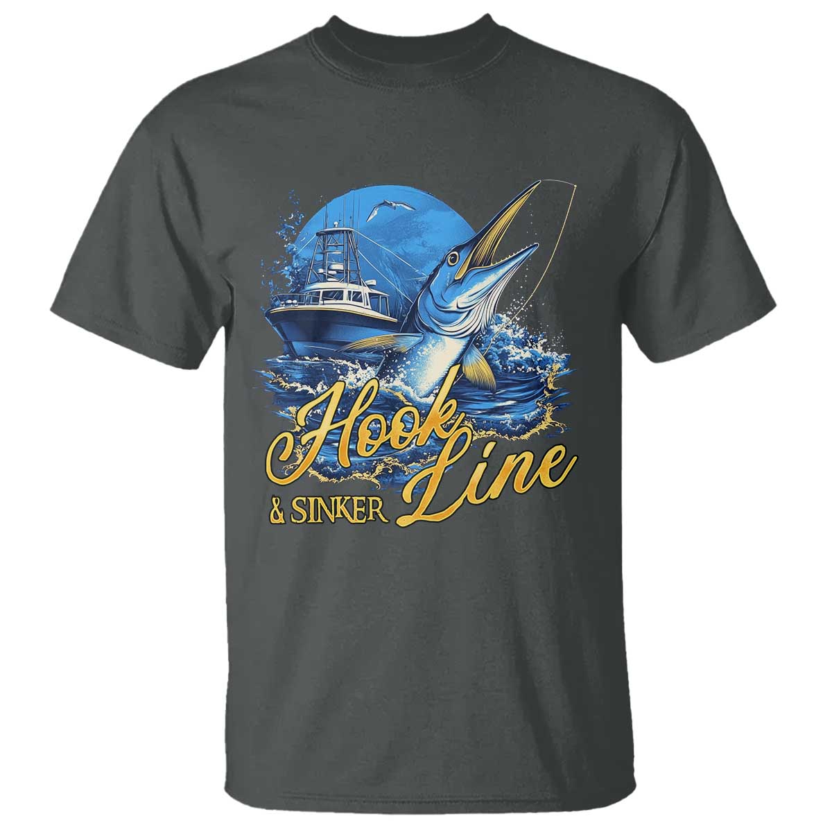Fishing Boat T Shirt Hook Line and Sinker TS09 Dark Heather Print Your Wear