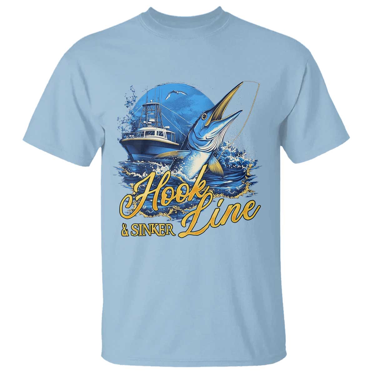 Fishing Boat T Shirt Hook Line and Sinker TS09 Light Blue Print Your Wear