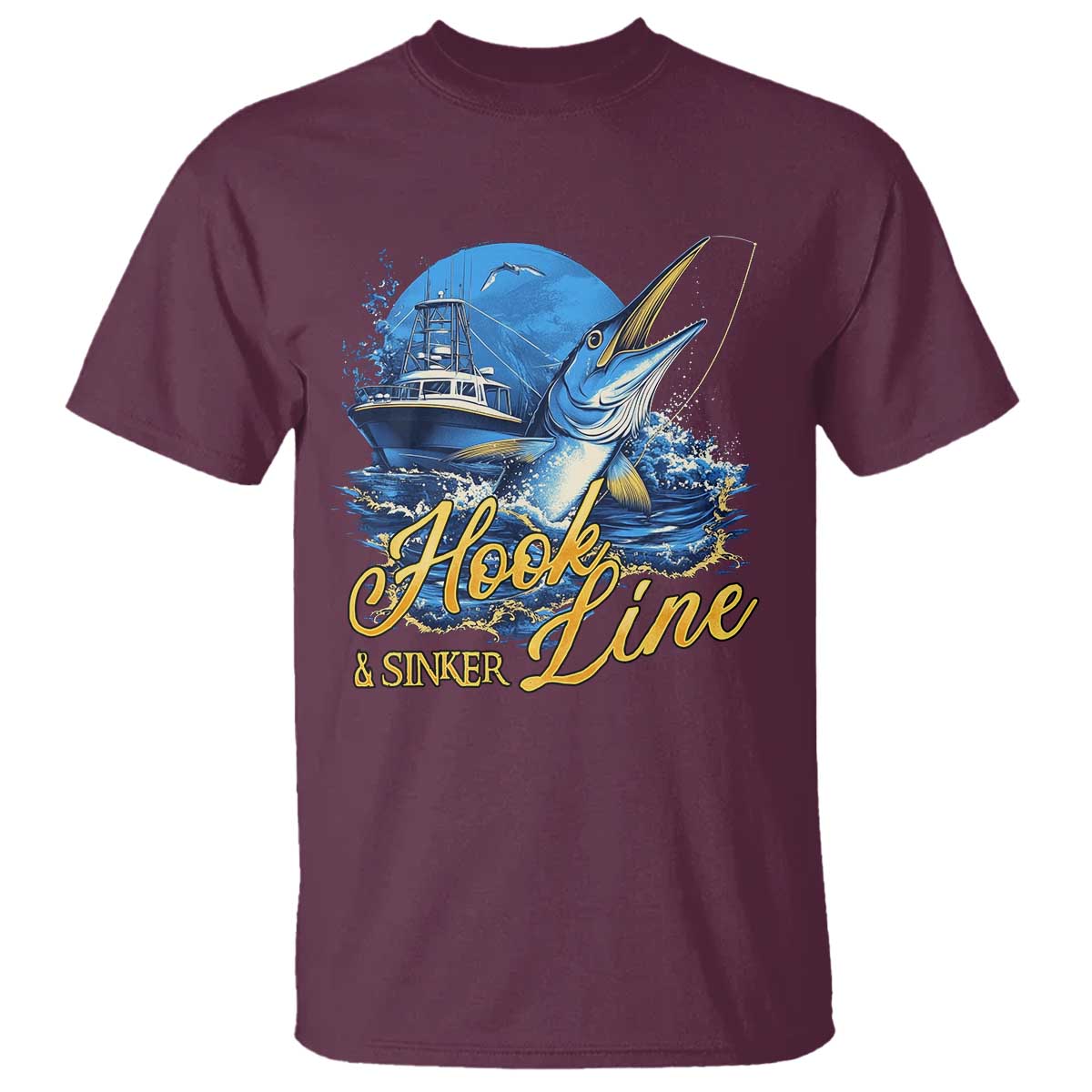 Fishing Boat T Shirt Hook Line and Sinker TS09 Maroon Print Your Wear