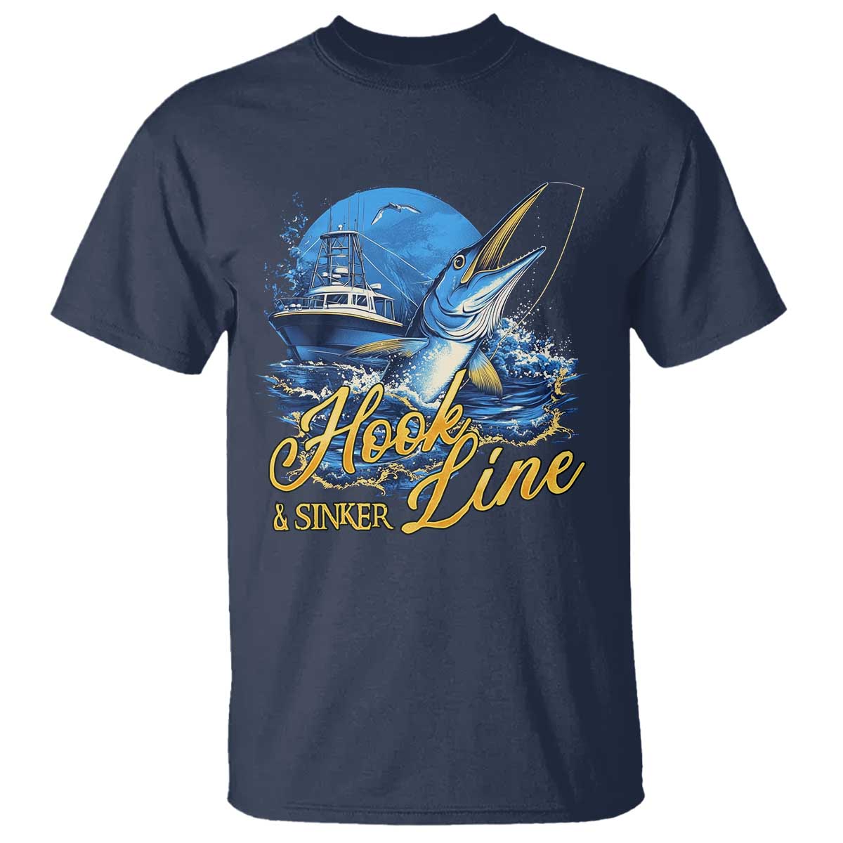 Fishing Boat T Shirt Hook Line and Sinker TS09 Navy Print Your Wear
