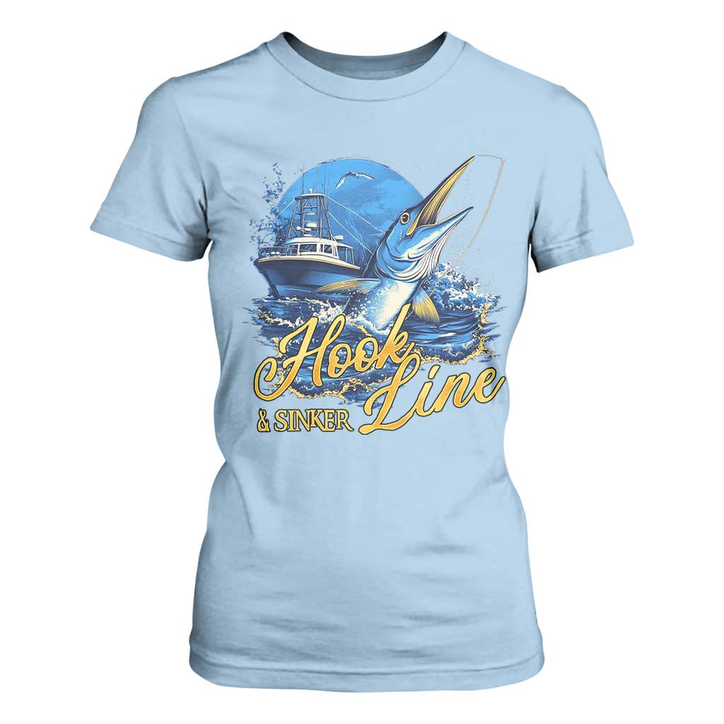 Fishing Boat T Shirt For Women Hook Line and Sinker TS09 Light Blue Print Your Wear