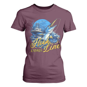 Fishing Boat T Shirt For Women Hook Line and Sinker TS09 Maroon Print Your Wear