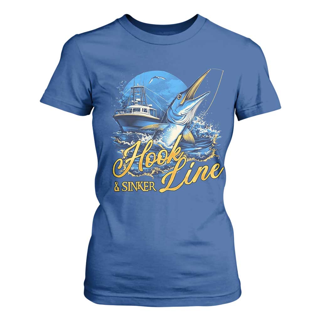 Fishing Boat T Shirt For Women Hook Line and Sinker TS09 Royal Blue Print Your Wear