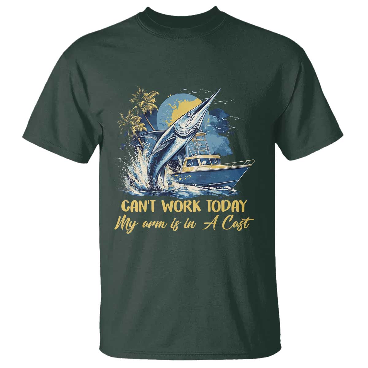 Fishing Boat T Shirt Fish More Worry Less TS09 Dark Forest Green Print Your Wear