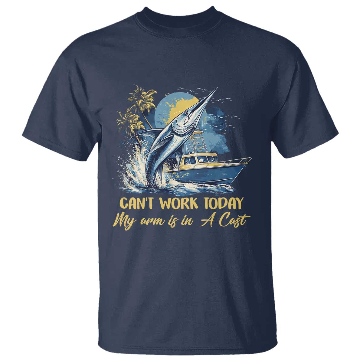 Fishing Boat T Shirt Fish More Worry Less TS09 Navy Print Your Wear