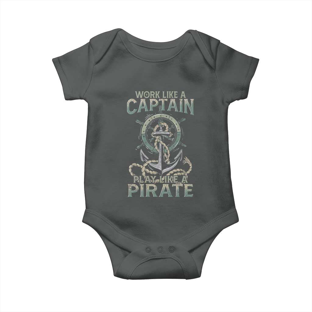 Funny Work Like A Captain Baby Onesie Play Like A Pirate TS09 Dark Heather Print Your Wear