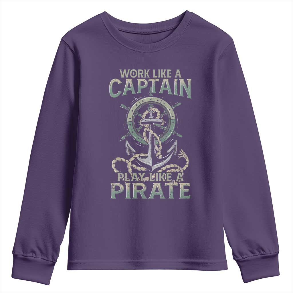 Funny Work Like A Captain Youth Sweatshirt Play Like A Pirate TS09 Purple Print Your Wear