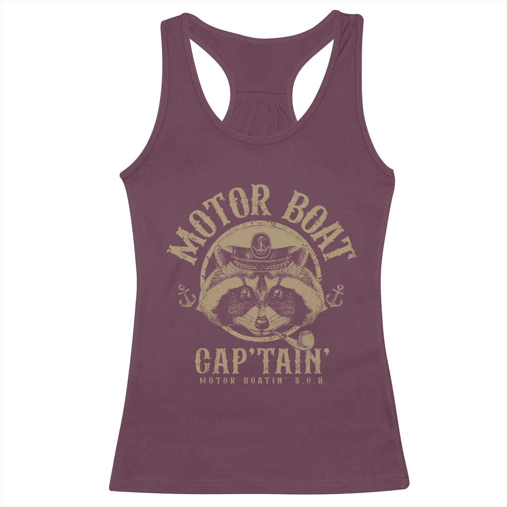 Funny Raccoon Motor Boat Captain Racerback Tank Top TS09 Maroon Print Your Wear