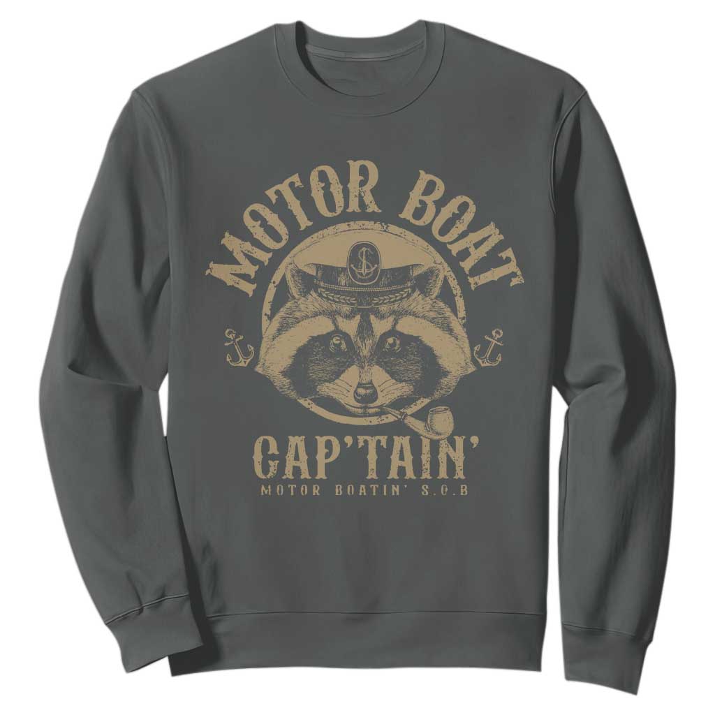 Funny Raccoon Motor Boat Captain Sweatshirt TS09 Dark Heather Print Your Wear