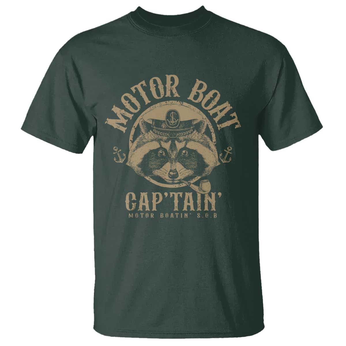 Funny Raccoon Motor Boat Captain T Shirt TS09 Dark Forest Green Print Your Wear