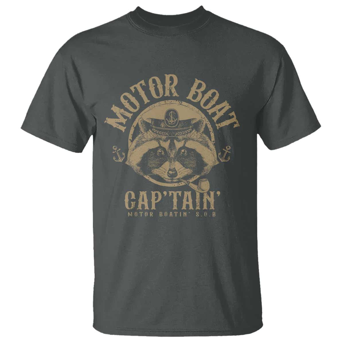 Funny Raccoon Motor Boat Captain T Shirt TS09 Dark Heather Print Your Wear