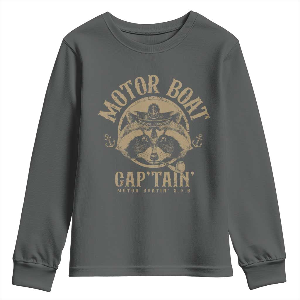 Funny Raccoon Motor Boat Captain Youth Sweatshirt TS09 Dark Heather Print Your Wear
