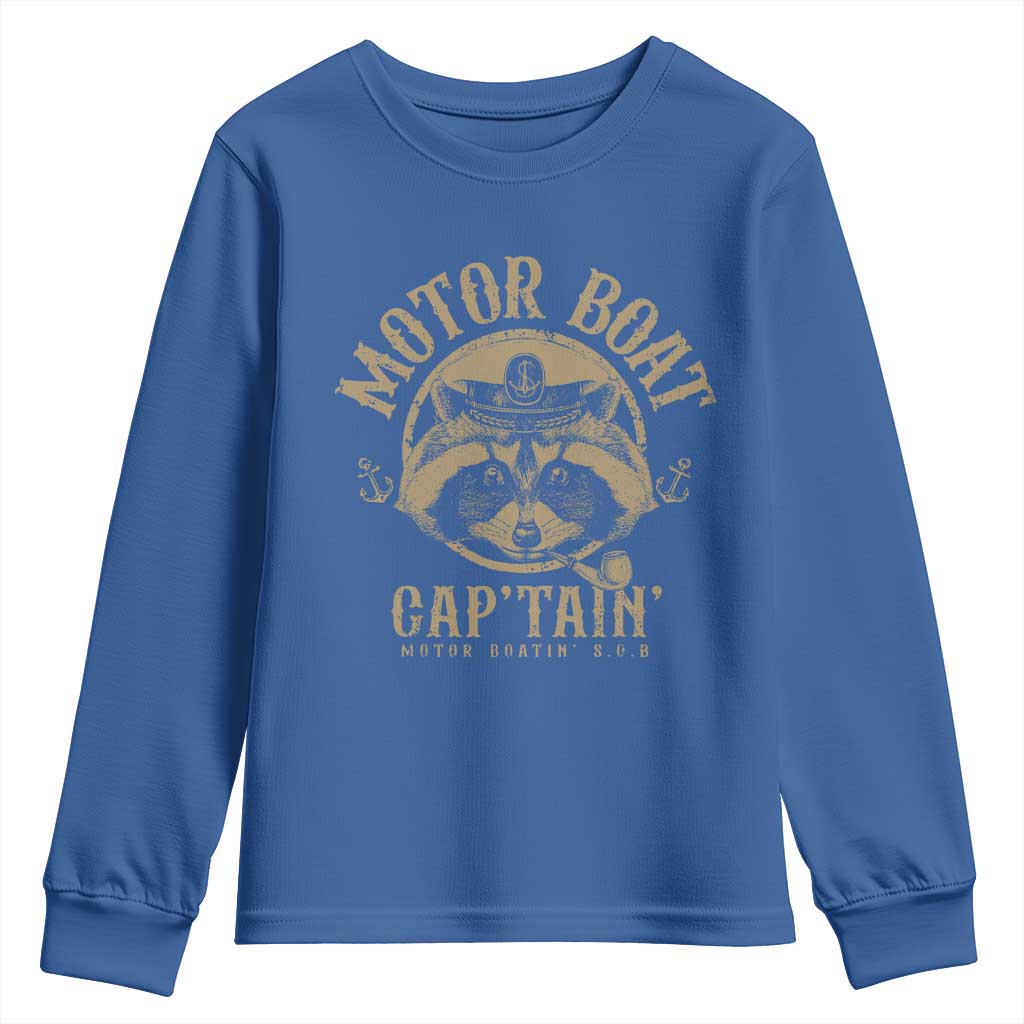Funny Raccoon Motor Boat Captain Youth Sweatshirt TS09 Royal Blue Print Your Wear