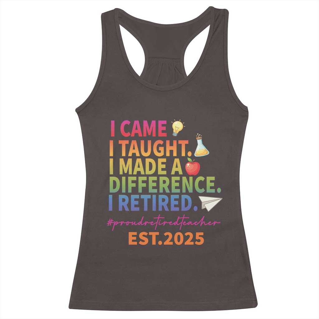 Funny Teacher Retirement 2025 Racerback Tank Top Came Taught Made Difference Retired TS09 Dark Chocolate Print Your Wear