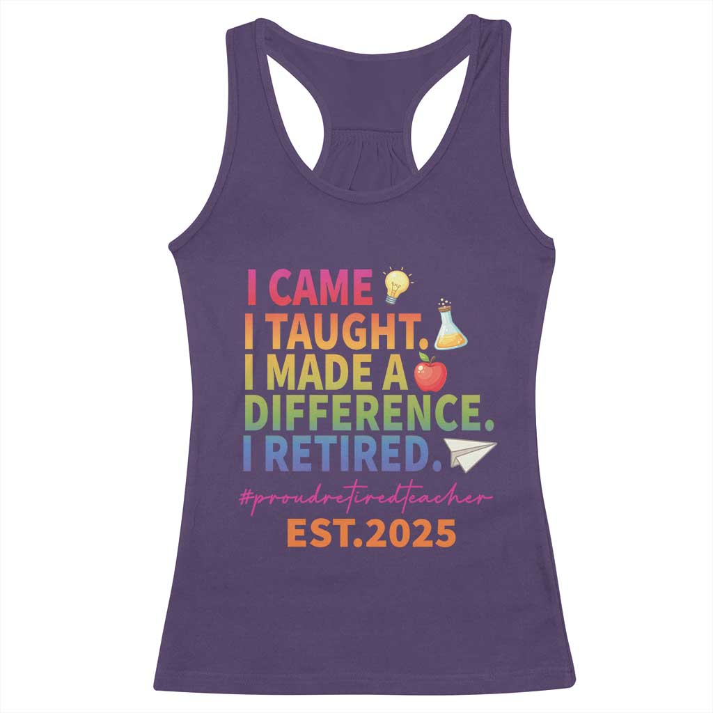 Funny Teacher Retirement 2025 Racerback Tank Top Came Taught Made Difference Retired TS09 Purple Print Your Wear