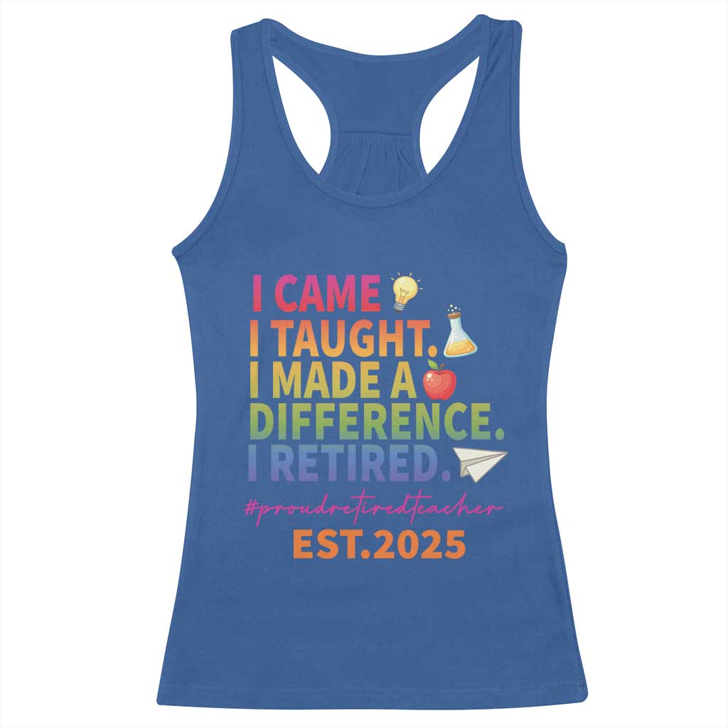 Funny Teacher Retirement 2025 Racerback Tank Top Came Taught Made Difference Retired TS09 Royal Blue Print Your Wear