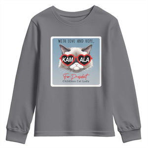 Kamala For President 2024 Youth Sweatshirt With Love And Hope Cool Cat TS09 Charcoal Print Your Wear