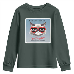 Kamala For President 2024 Youth Sweatshirt With Love And Hope Cool Cat TS09 Dark Forest Green Print Your Wear