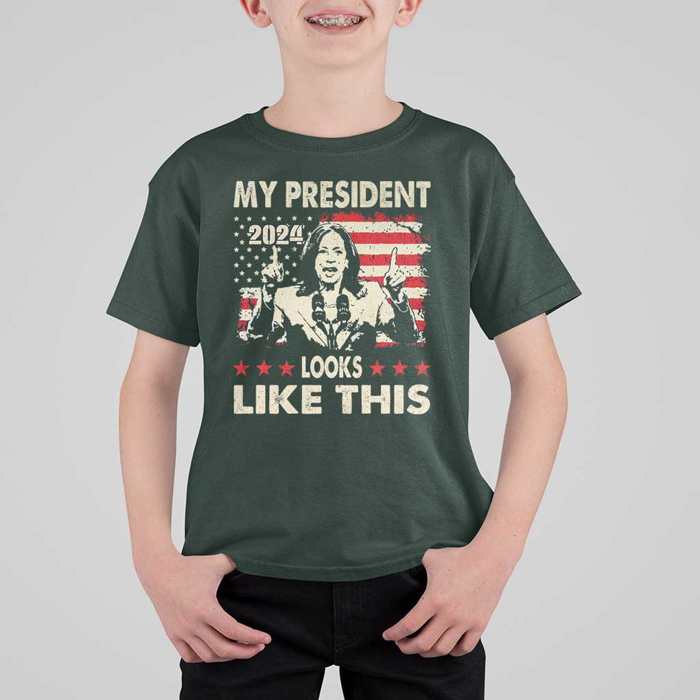 Harris 2024 T Shirt For Kid My President Looks Like This TS09 Dark Forest Green Print Your Wear