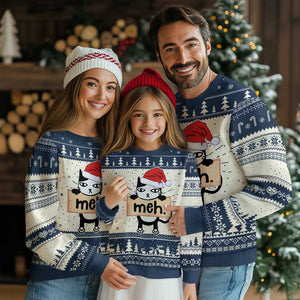 Meh Black Cat Sarcastic Funny Xmas Ugly Christmas Sweater TS09 Navy Print Your Wear