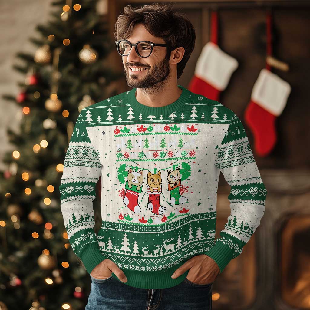 Christmas Cute Cat In Sock Merry Catmas Ugly Christmas Sweater TS09 Green Print Your Wear