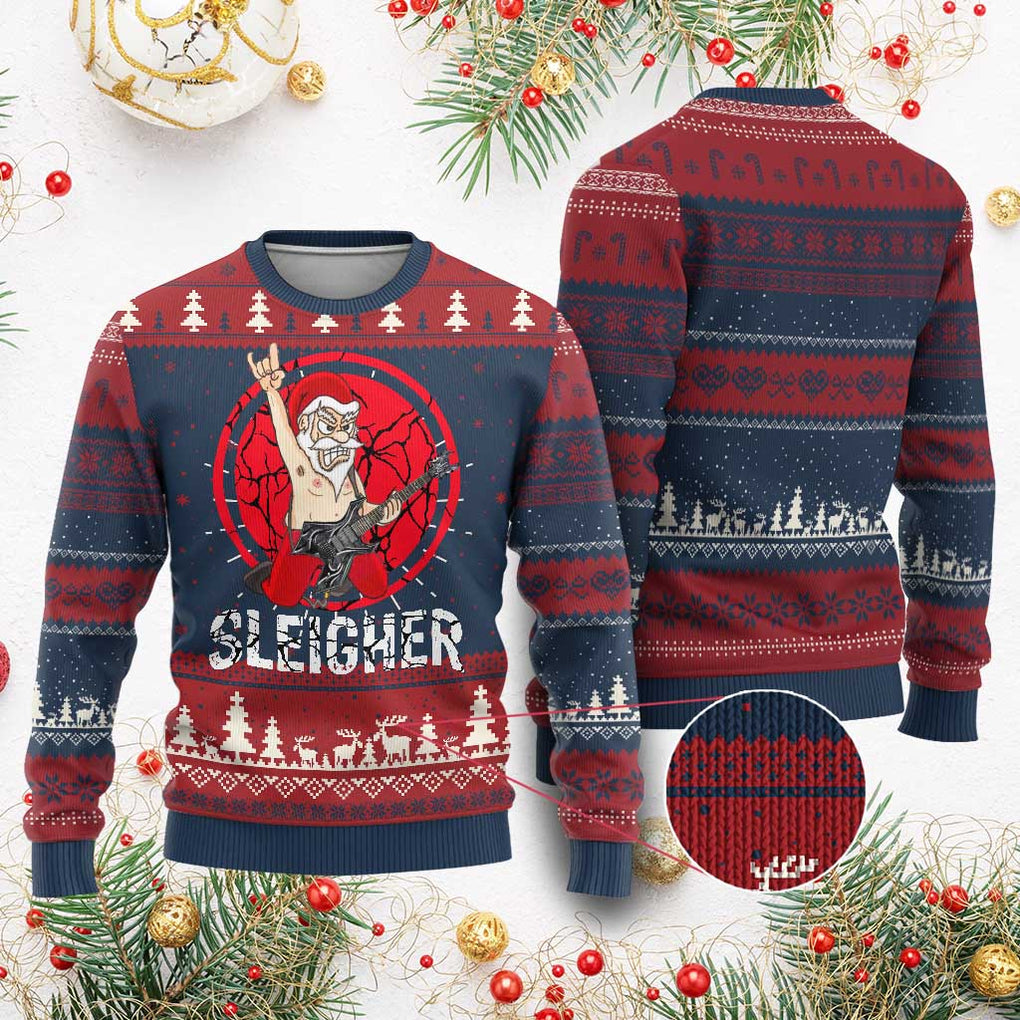 Heavy Mental Ugly Christmas Sweater Sleigher Santa Playing Guitar TS09 Burgundy Print Your Wear
