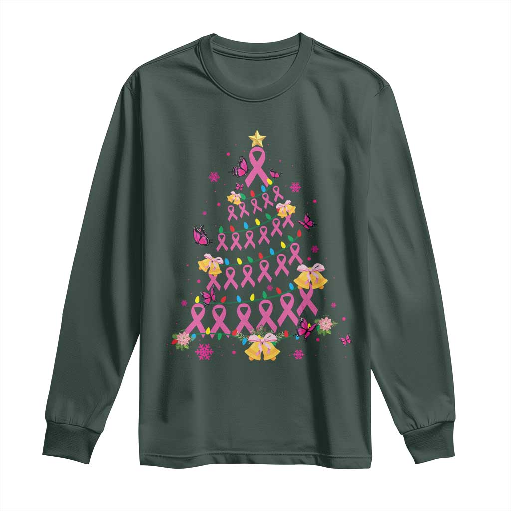 Christmas Breast Cancer Long Sleeve Shirt Pink Ribbon Xmas Tree TS09 Dark Forest Green Print Your Wear