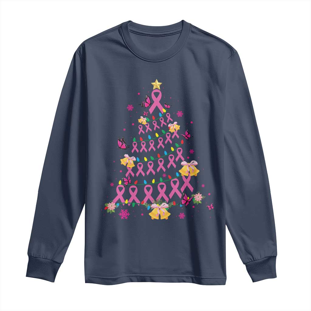 Christmas Breast Cancer Long Sleeve Shirt Pink Ribbon Xmas Tree TS09 Navy Print Your Wear
