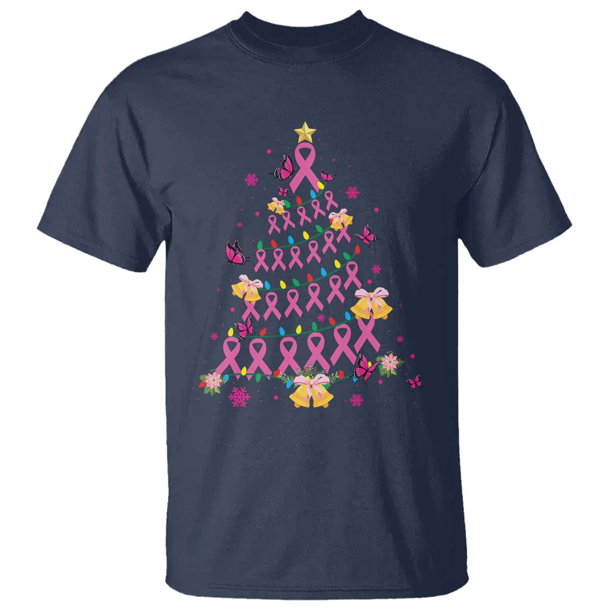 Christmas Breast Cancer T Shirt Pink Ribbon Xmas Tree TS09 Navy Print Your Wear