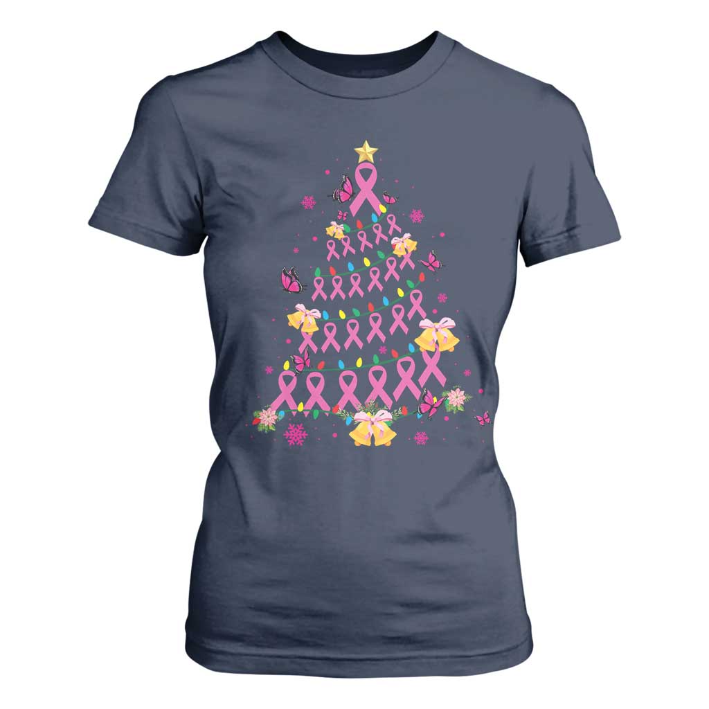 Christmas Breast Cancer T Shirt For Women Pink Ribbon Xmas Tree TS09 Navy Print Your Wear