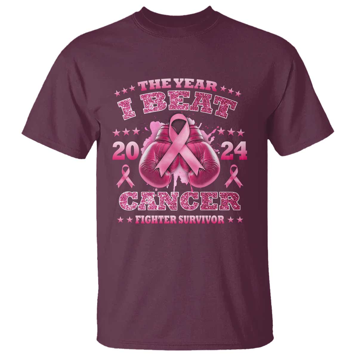 The Year I Beat Cancer Boxing Gloves Fighter Survivor T Shirt TS09 Maroon Print Your Wear