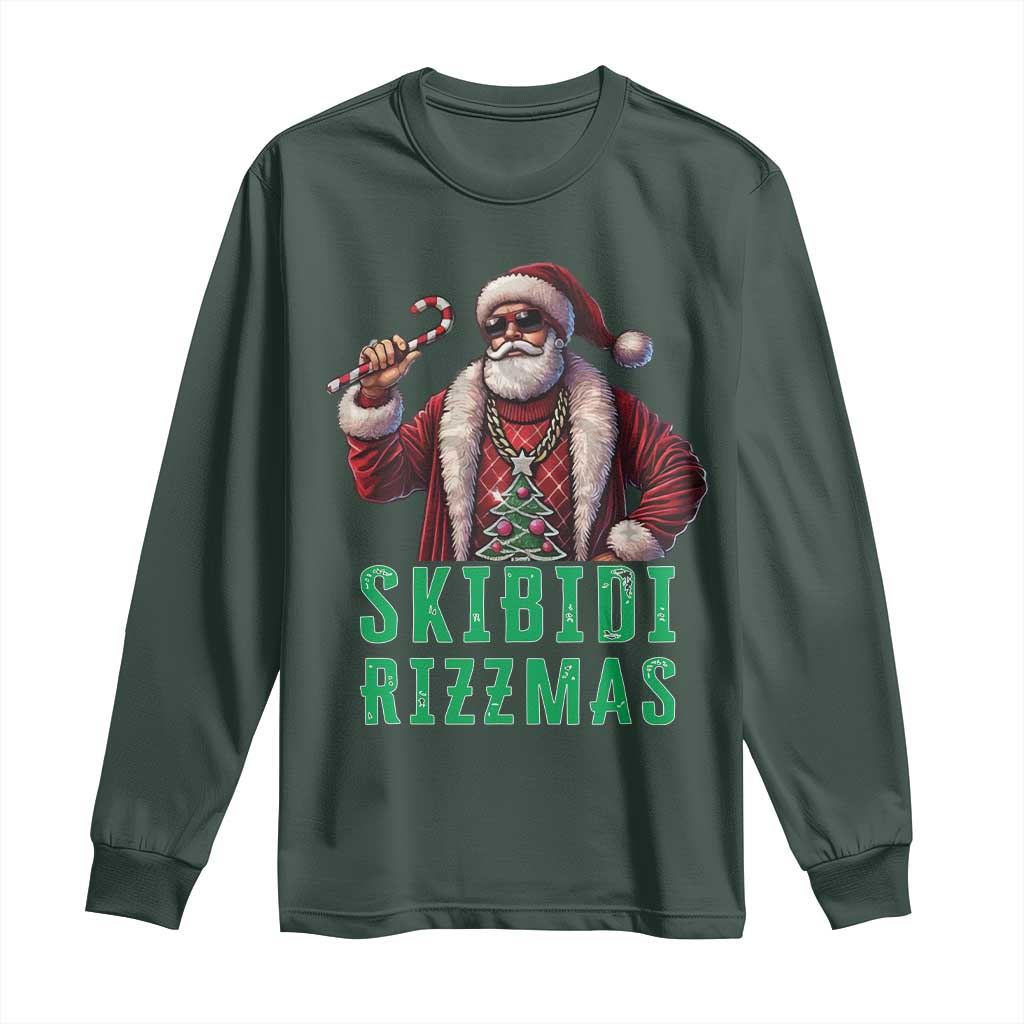 Funny Xmas Long Sleeve Shirt Skibidi Rizzmas Cool Santa Gangsta TS09 Dark Forest Green Print Your Wear