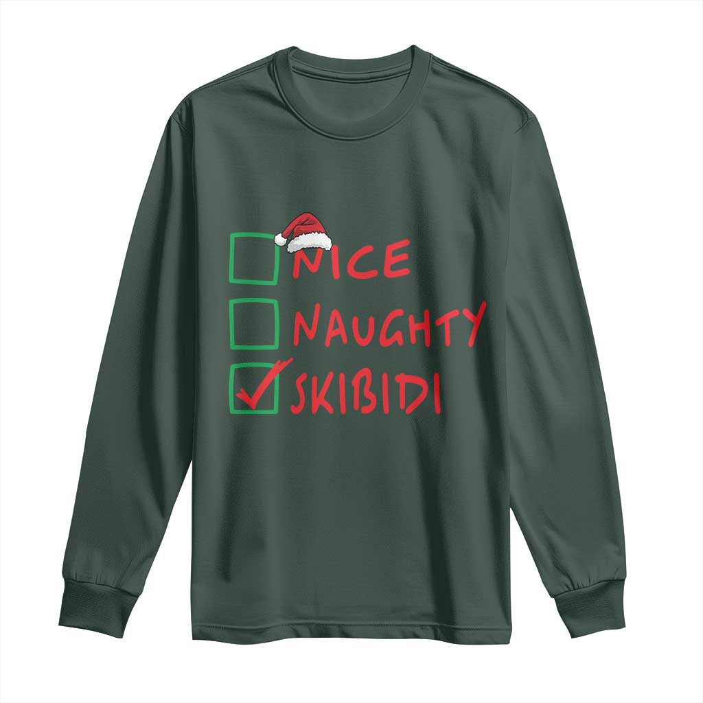 Funny Xmas Long Sleeve Shirt Nice Naughty Skibidi TS09 Dark Forest Green Print Your Wear